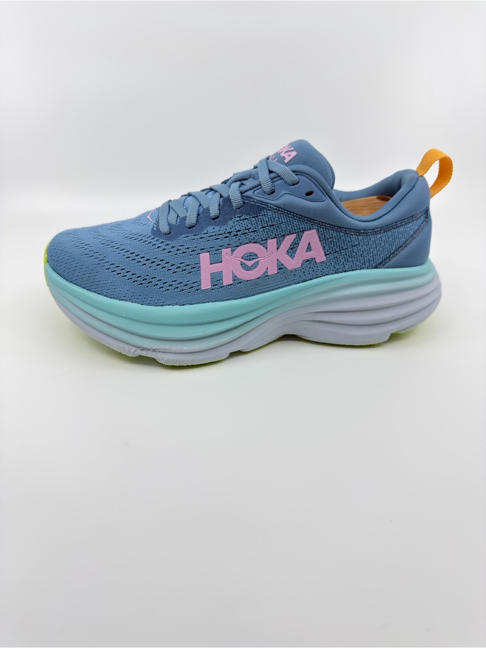 Hoka Women's Bondi 8 Shadow/Dusk blue colorway with pink and lime green details. - Picture 4 of 9
